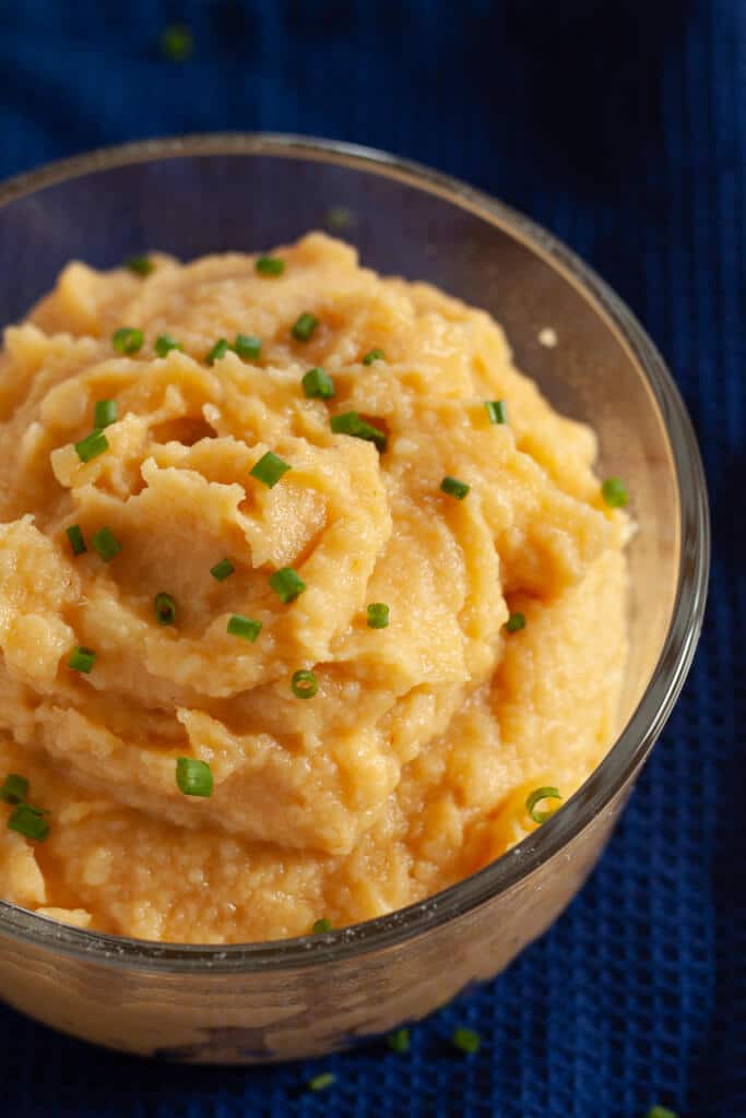 Mashed white sweet potatoes with chipotle honey butter