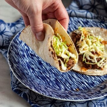 A hand holding up a venison taco over a plate.