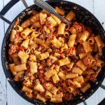 chorizo baked feta pasta in a pan ready for serving