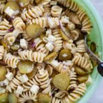 Dill pickle pasta salad without mayo in a bowl.