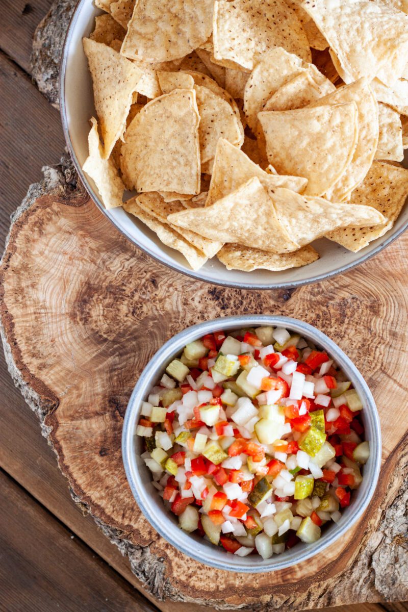 Pickle salsa with tortilla chips