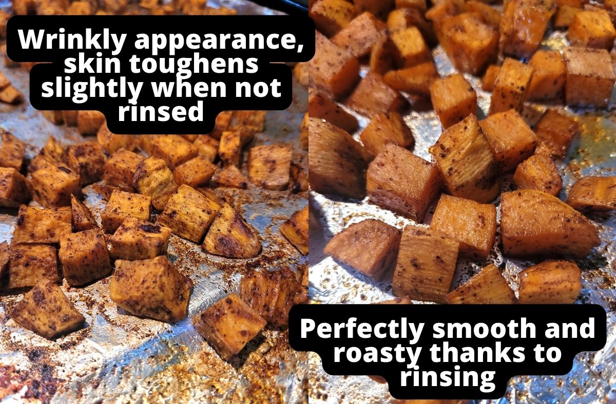 differences in appearance and texture when rinsing sweet potatoes with water before cooking