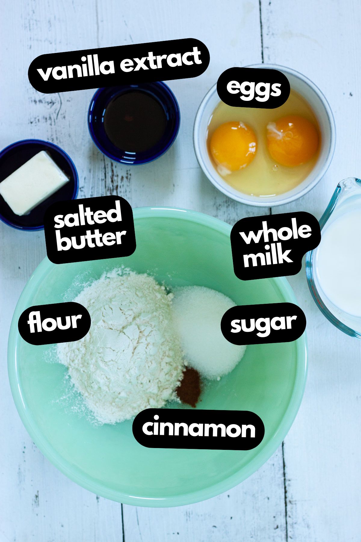 ingredients needed to make a dutch baby pancake including flour, sugar, milk, butter, and eggs.