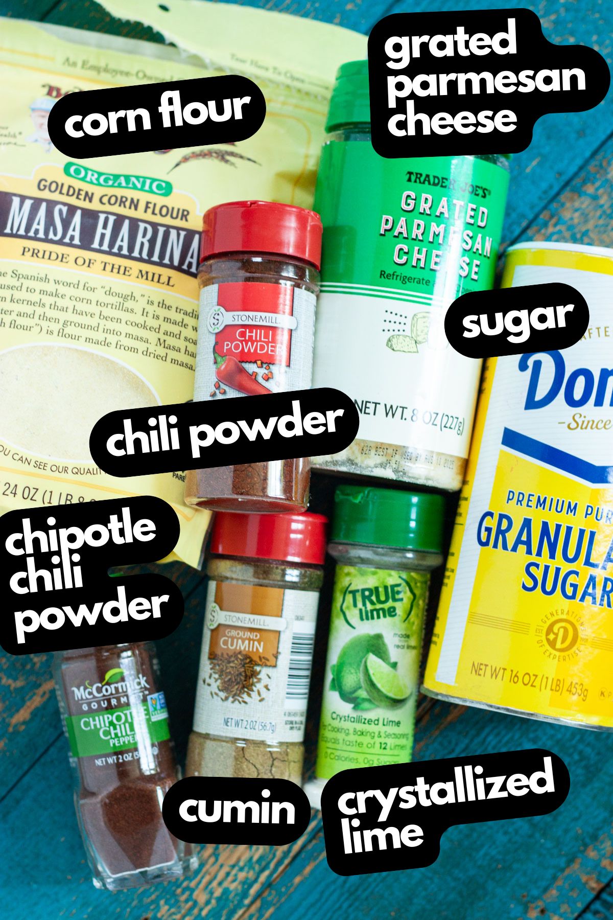 ingredients needed to make Trader Joe's copycata seasoning, including chili powder, sugar, chipotle chili powder, true lime, sugar, and cumin.