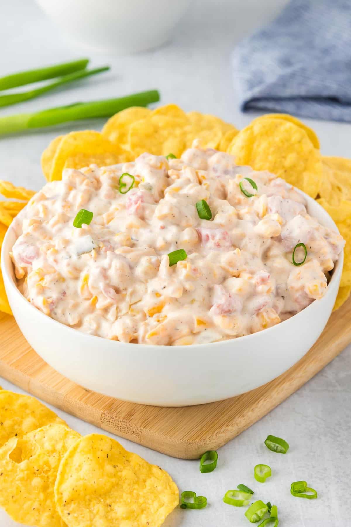 Rotel corn dip in a bowl with tortilla chips
