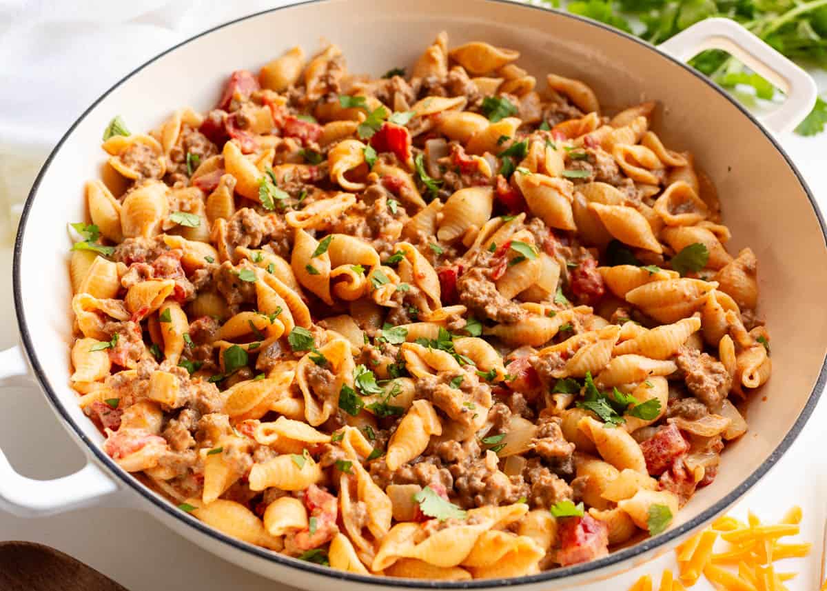 cheesy taco pasta in a pan.