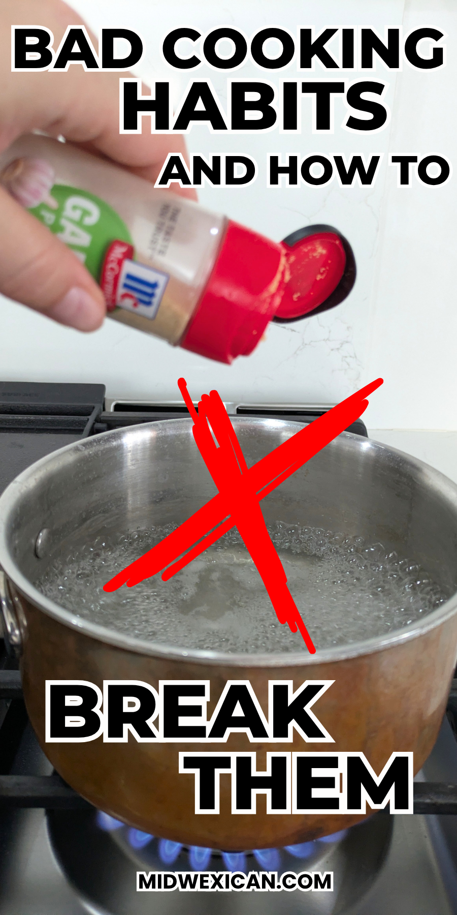 seasoning being shaken over water boiling in a pot